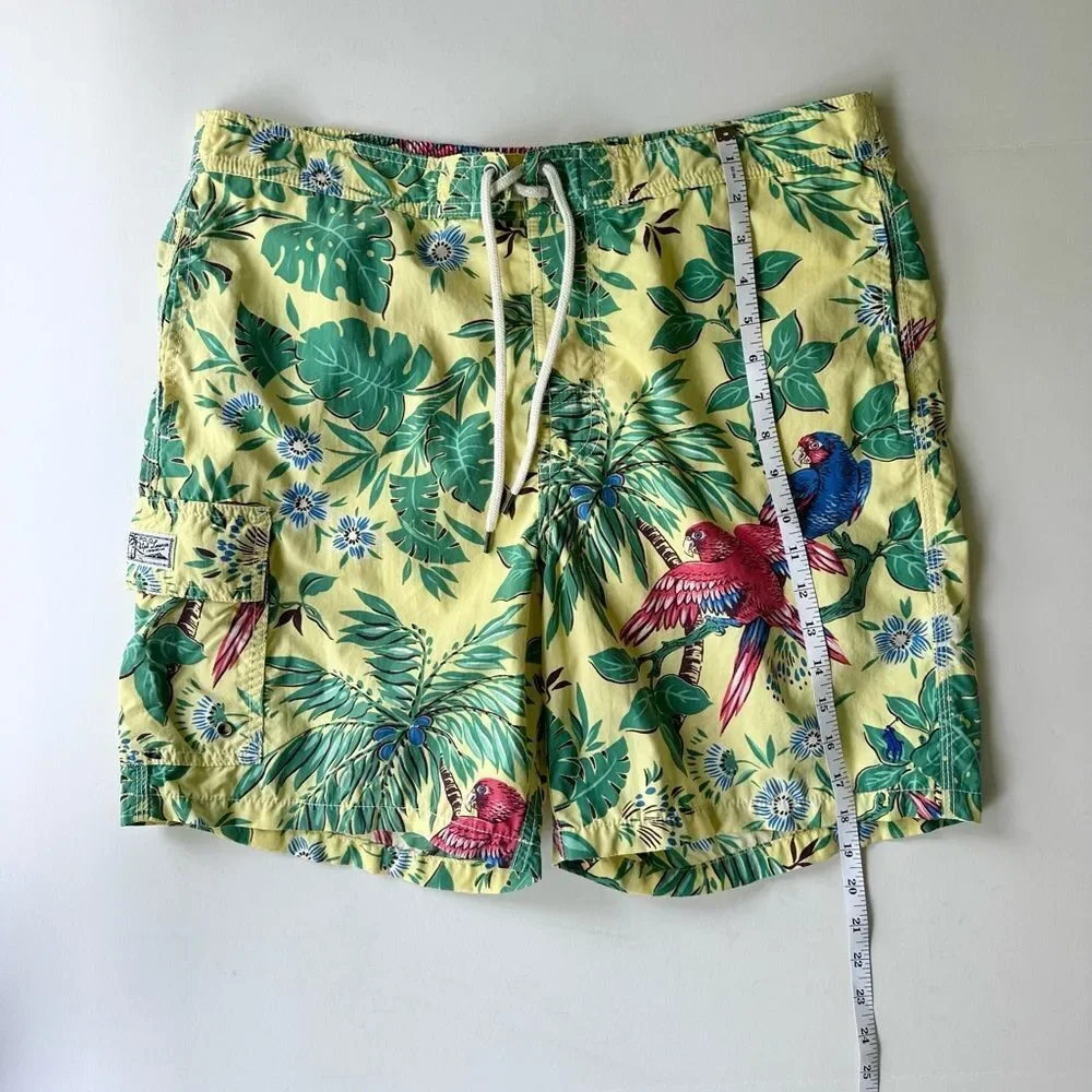 Vintage Polo Ralph Lauren Yellow Tropical Parrot Print Swim Trunks Size M